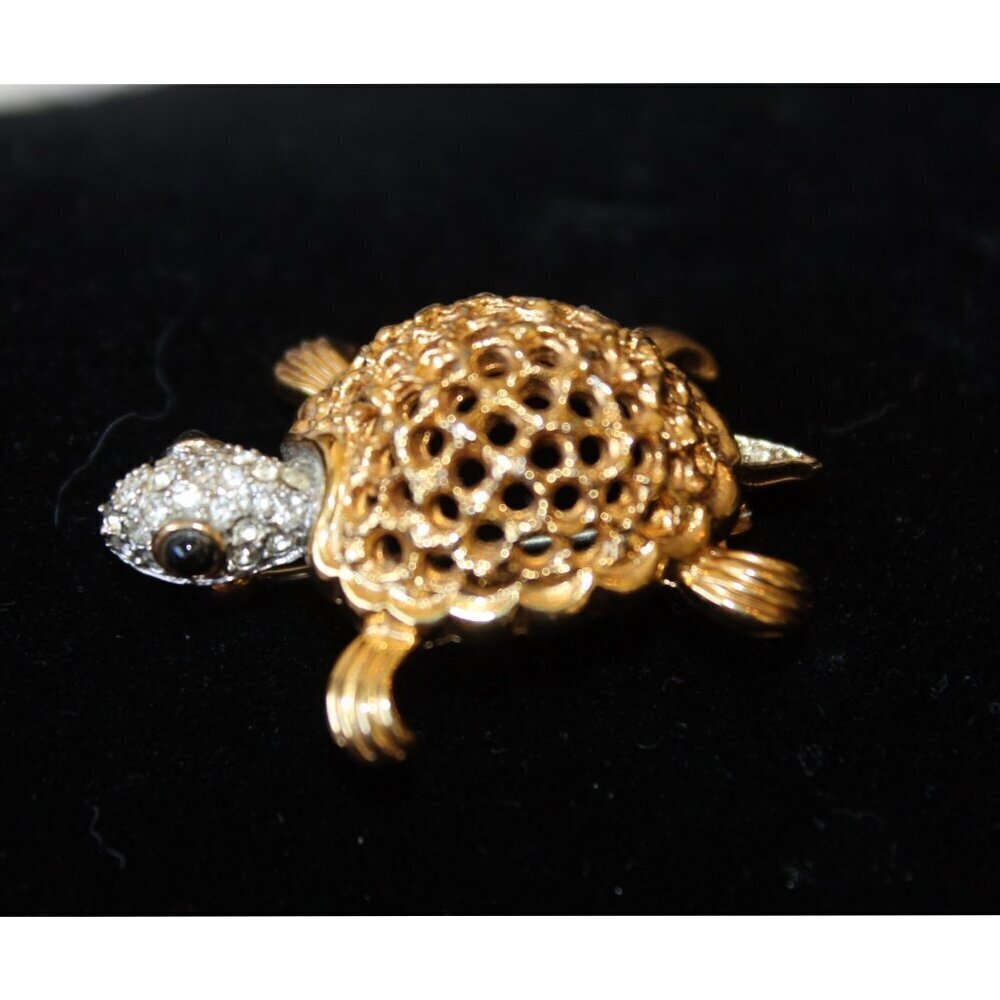 Vintage Turtle Brooch Rhinestone & Black Stone Signed Jomaz 9.8g Handmade unique - Picture 9 of 10